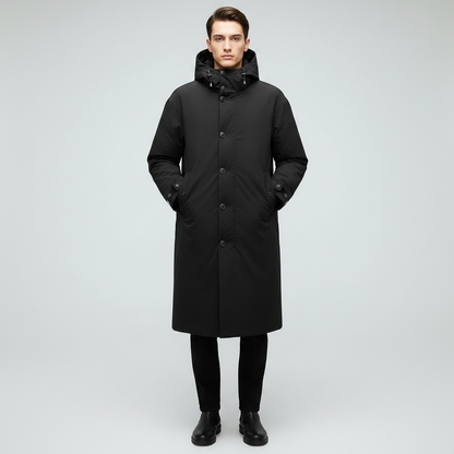 Lang Puffer Trenchcoat Herre | Vandtæt Frakke med Hætte