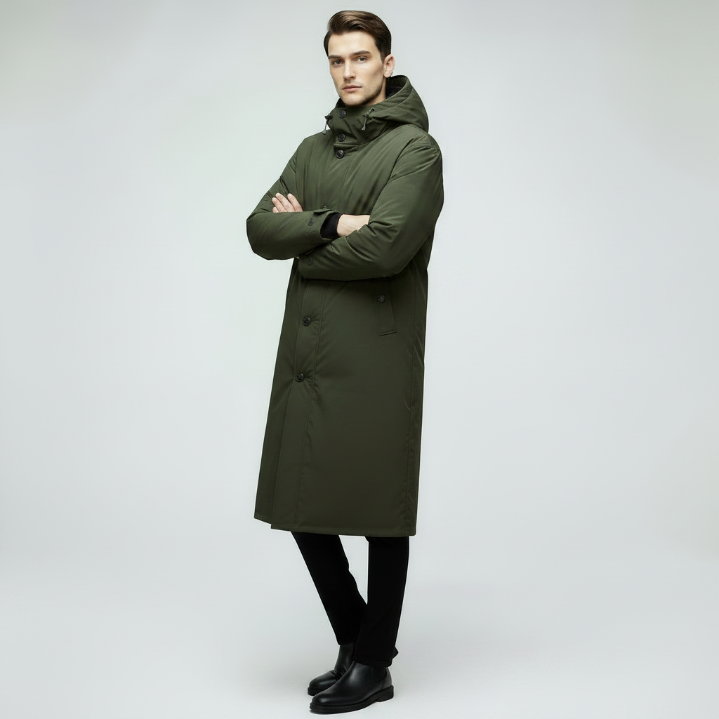 Lang Puffer Trenchcoat Herre | Vandtæt Frakke med Hætte